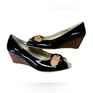 Banana Republic Black Leather Buckle  Peep Toe Wedge Heels Size 7.5